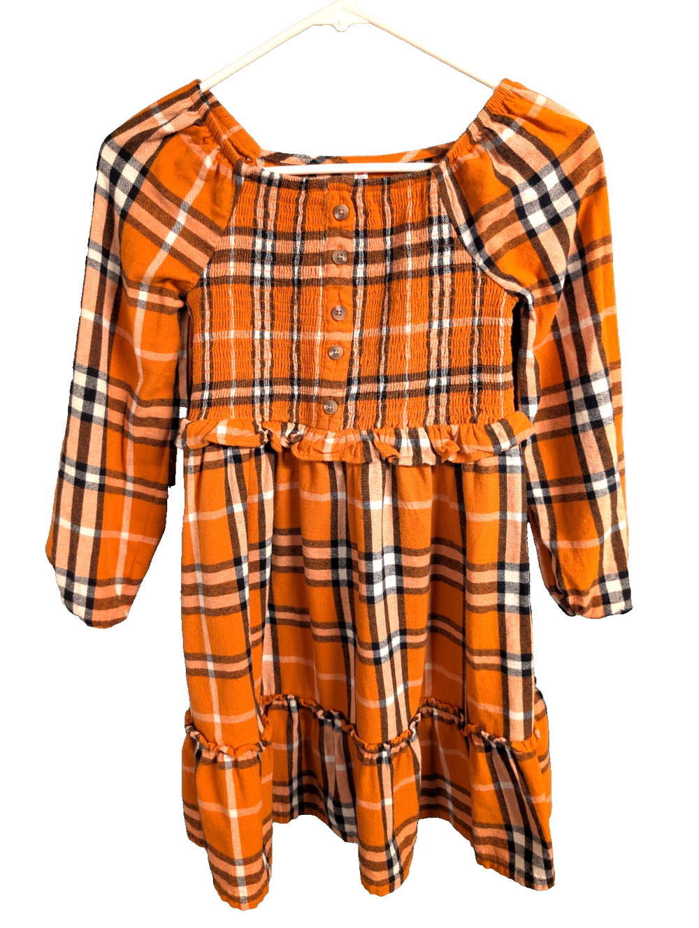 FABKIDS Orange Plaid Dress XL 14/16 Black White Check Long Sleeve Designer Look